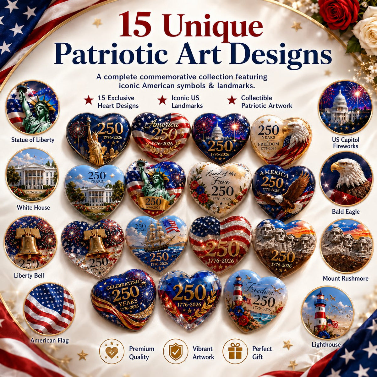 🇺🇸 America 250th Anniversary Commemorative Heart Ornament Collection | 15-Piece Patriotic Keepsake Set🎁Buy 2 Free Shipping